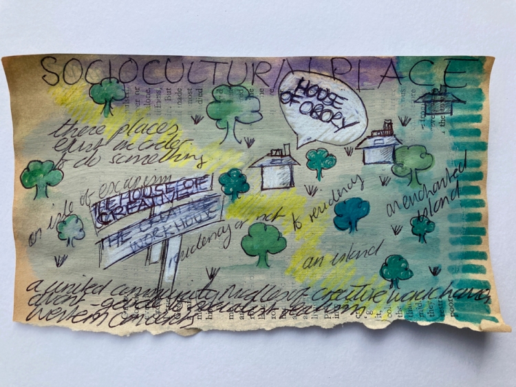 Drawiing labeled Sociocultural Peace with a landscape of trees, houses, and signs